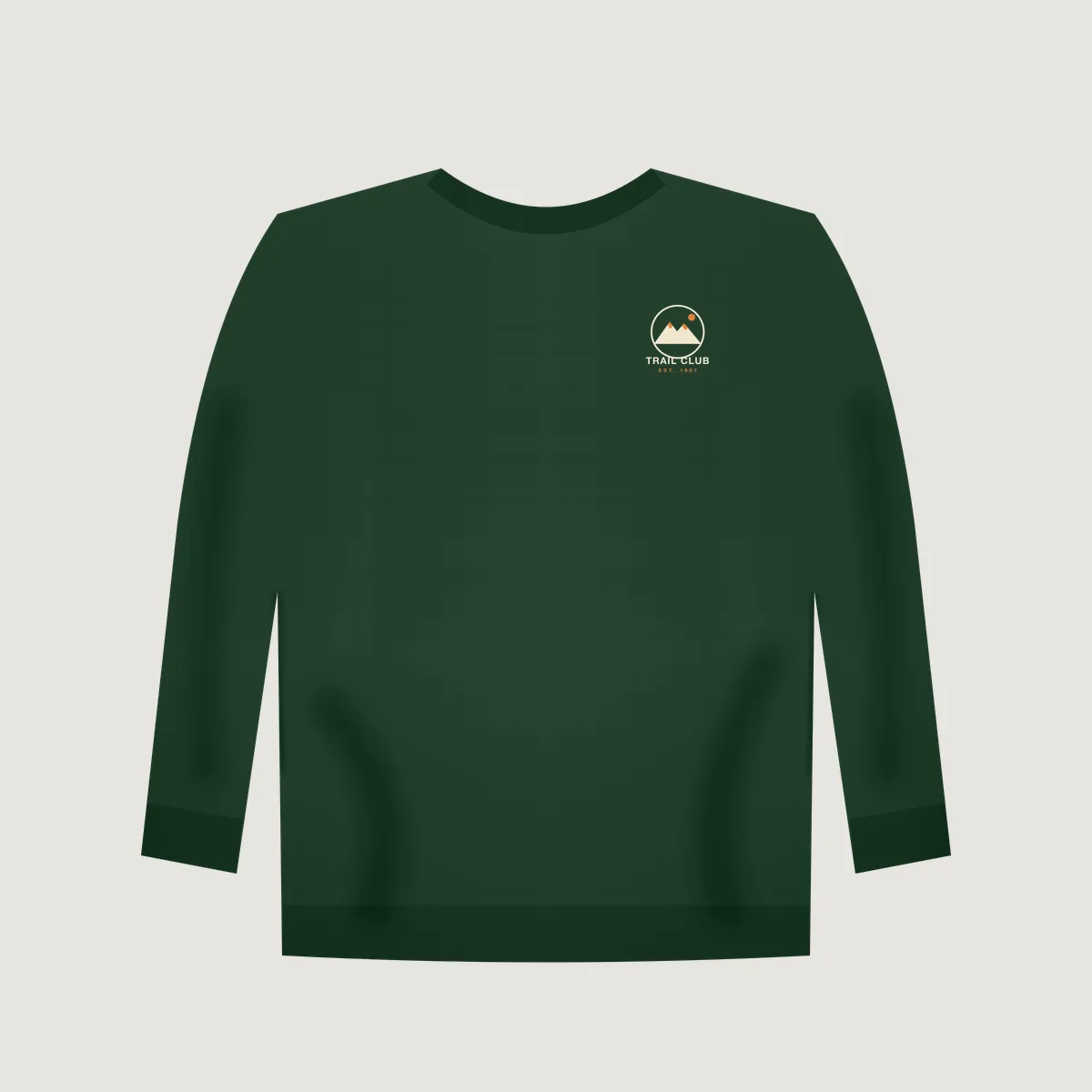 Forest green crewneck sweatshirt mockup with a small "Trail Club 1987" left chest print