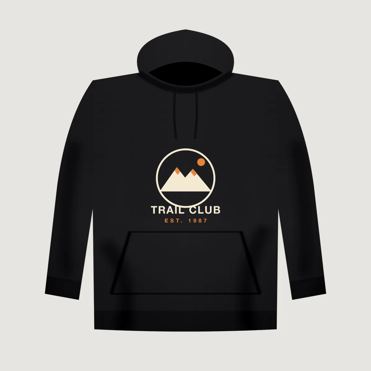 Black hoodie mockup with the "Trail Club 1987" print sitting above the kangaroo pocket