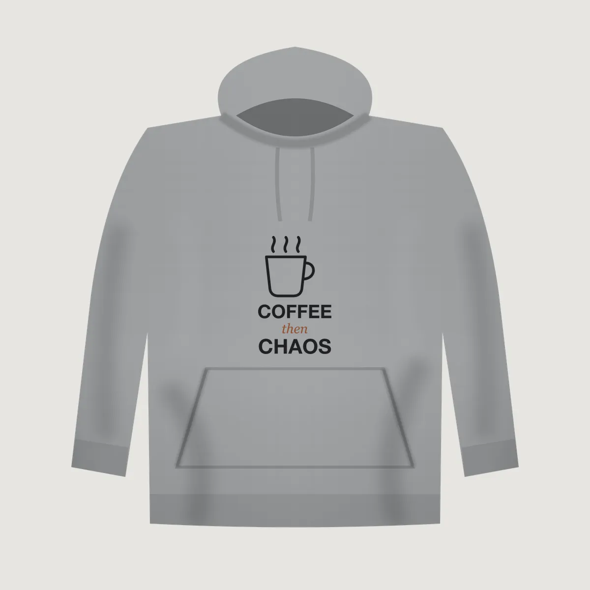 Heather gray hoodie mockup with the "Coffee Then Chaos" print