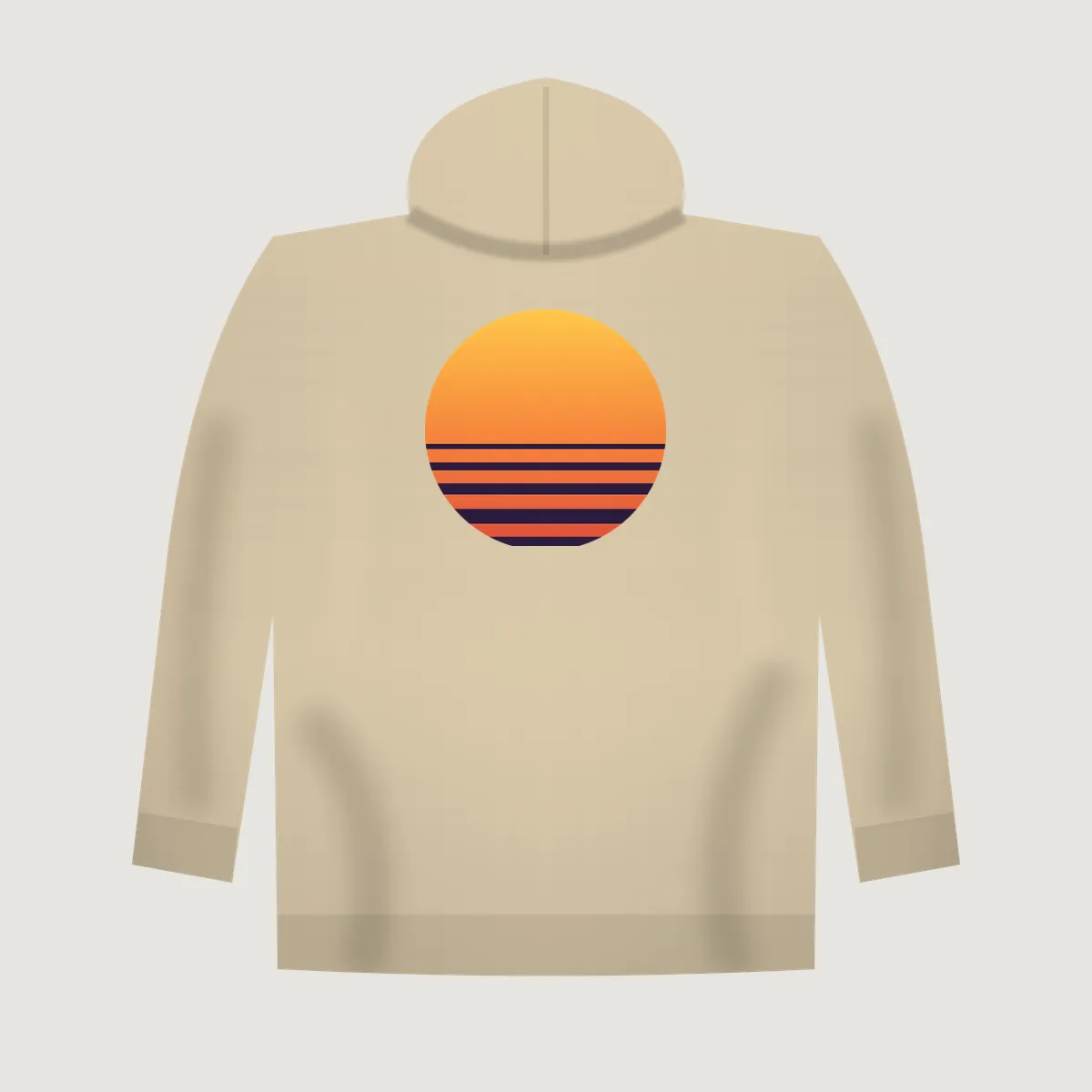 Back view of a sand hoodie mockup with a large retro sun back print