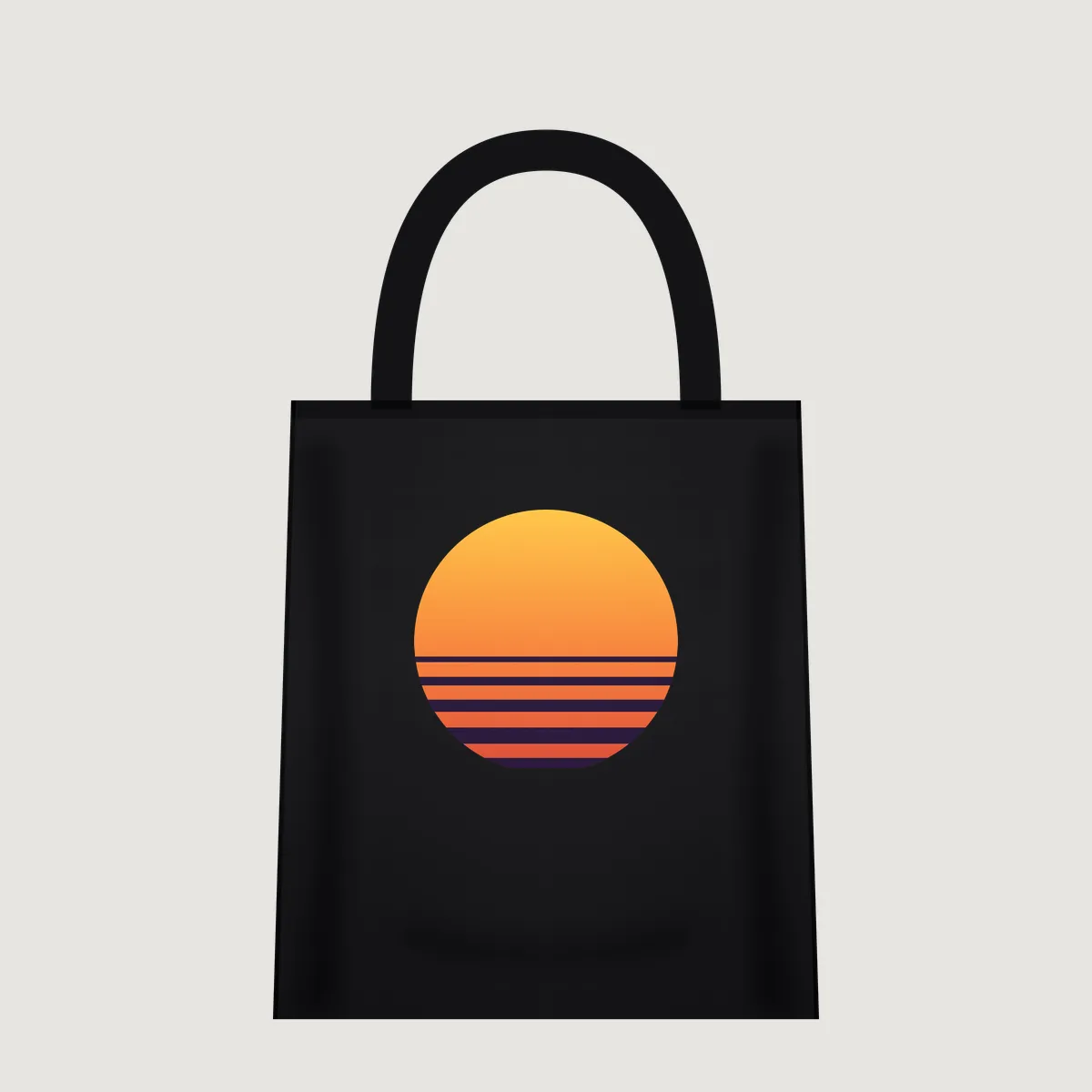 Black tote bag mockup with a retro sun print