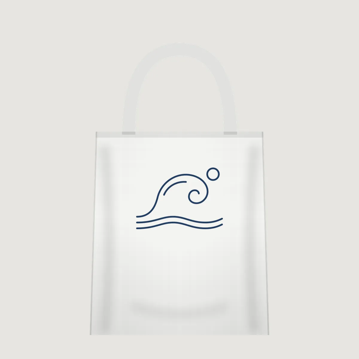 White tote bag mockup with a navy line-art wave print